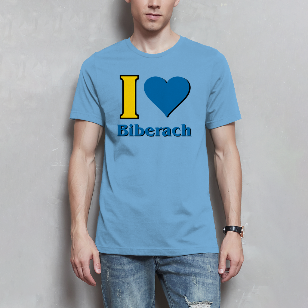 Herren T Shirt I Love Biberach blau gelb Partybecher